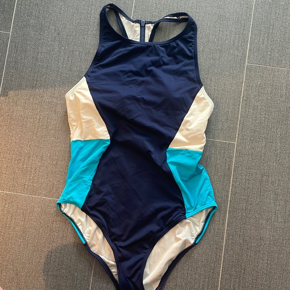 DKNY Color Block High Neck One Piece Swimsuit